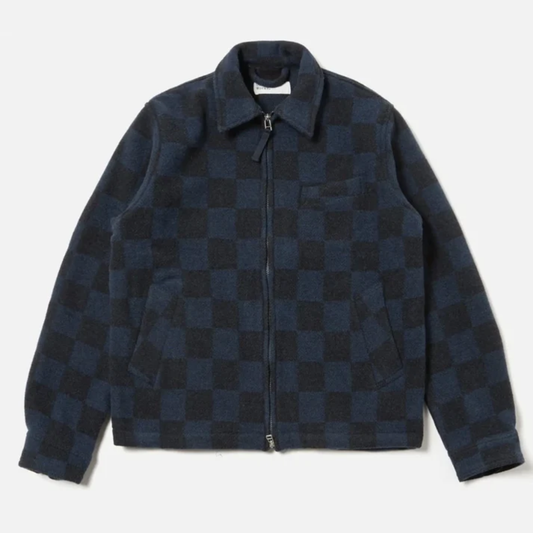 Universal Works Windcheater Jacket in Navy Checkerboard Lambswool