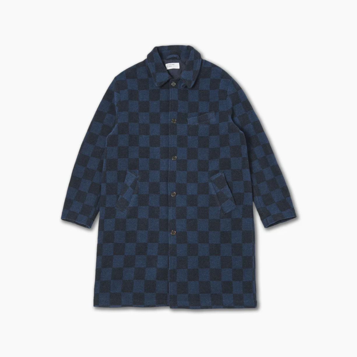 Universal Works Overcoat in Navy Checkerboard Lambswool