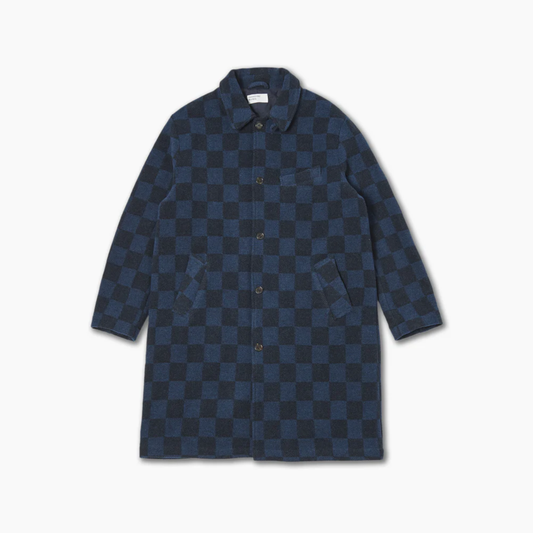 Universal Works Overcoat in Navy Checkerboard Lambswool