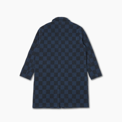 Universal Works Overcoat in Navy Checkerboard Lambswool