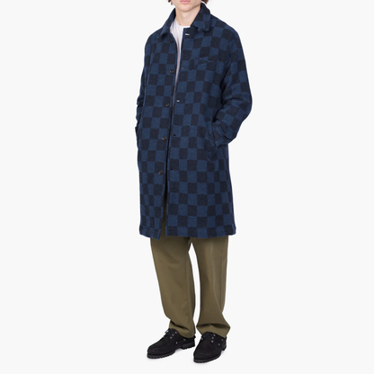 Universal Works Overcoat in Navy Checkerboard Lambswool