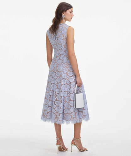 Blue Fine Lace Pearl Midi Dress
