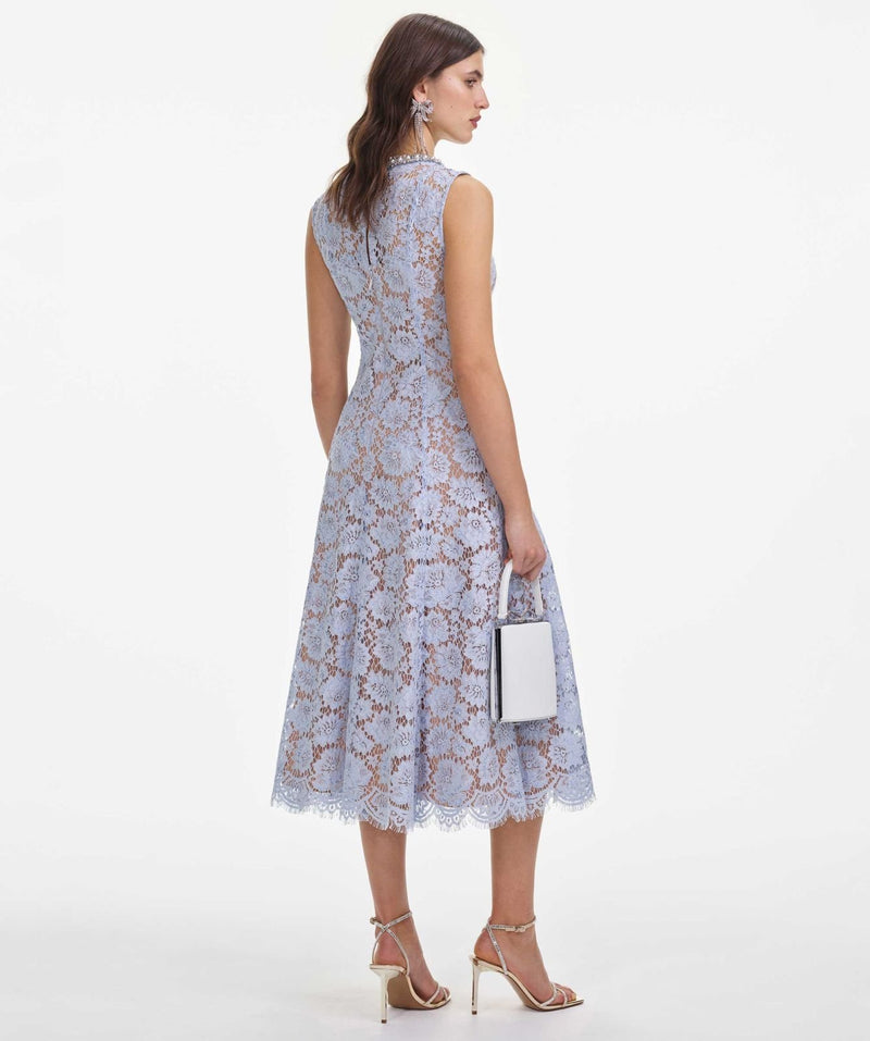 Blue Fine Lace Pearl Midi Dress