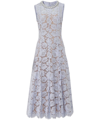 Blue Fine Lace Pearl Midi Dress