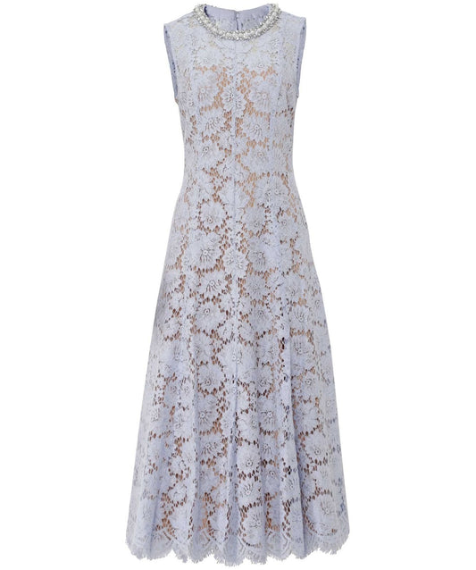 Blue Fine Lace Pearl Midi Dress