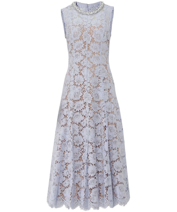 Blue Fine Lace Pearl Midi Dress
