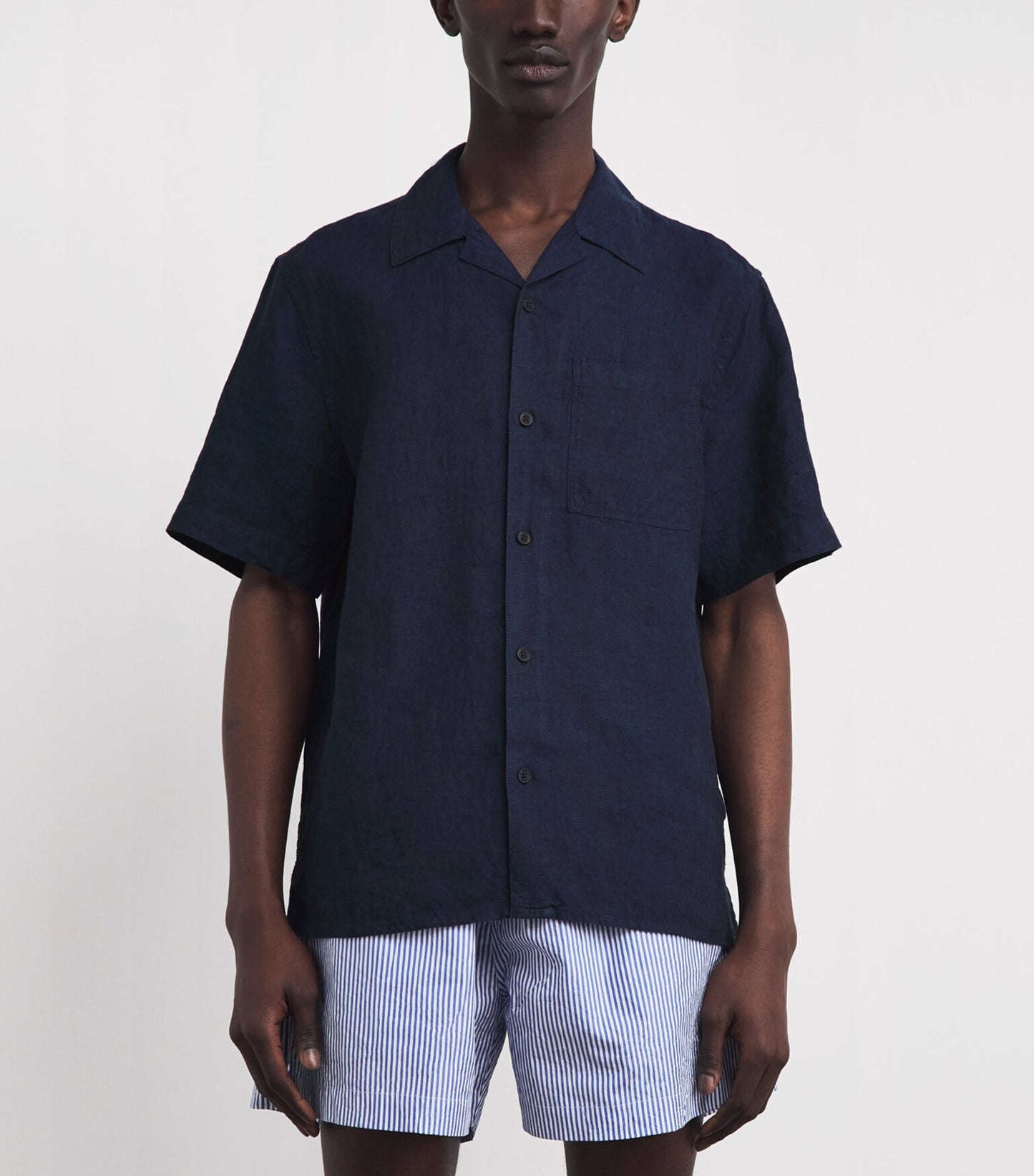 Wax London Didcot SS Shirt in Two Tone Linen Navy