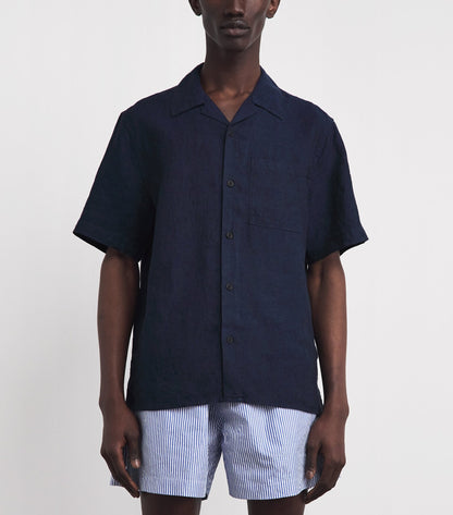 Wax London Didcot SS Shirt in Two Tone Linen Navy
