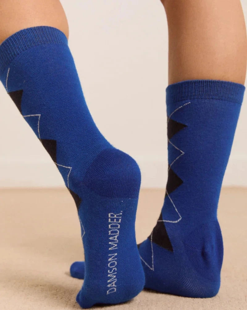 Argyle Calf Length Socks - Cobalt/Grey