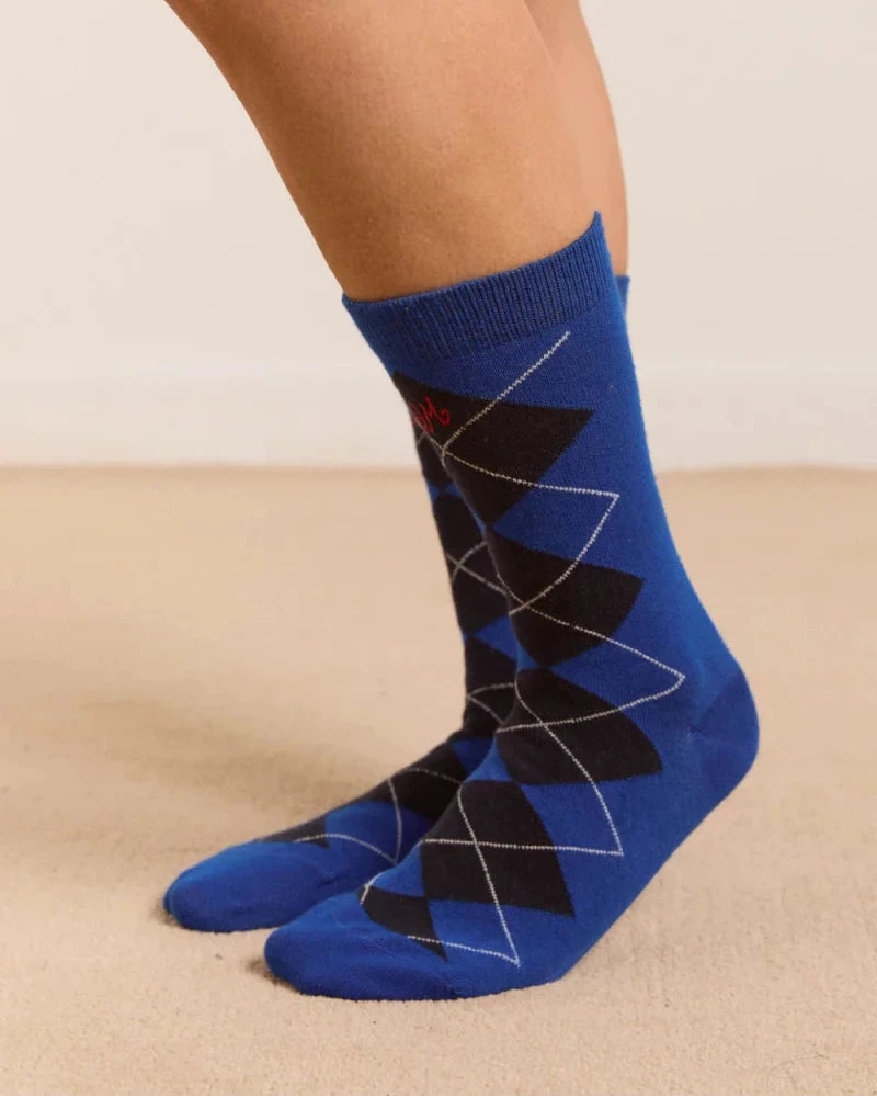 Argyle Calf Length Socks - Cobalt/Grey