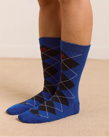 Argyle Calf Length Socks - Cobalt/Grey