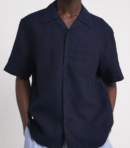 Wax London Didcot SS Shirt in Two Tone Linen Navy