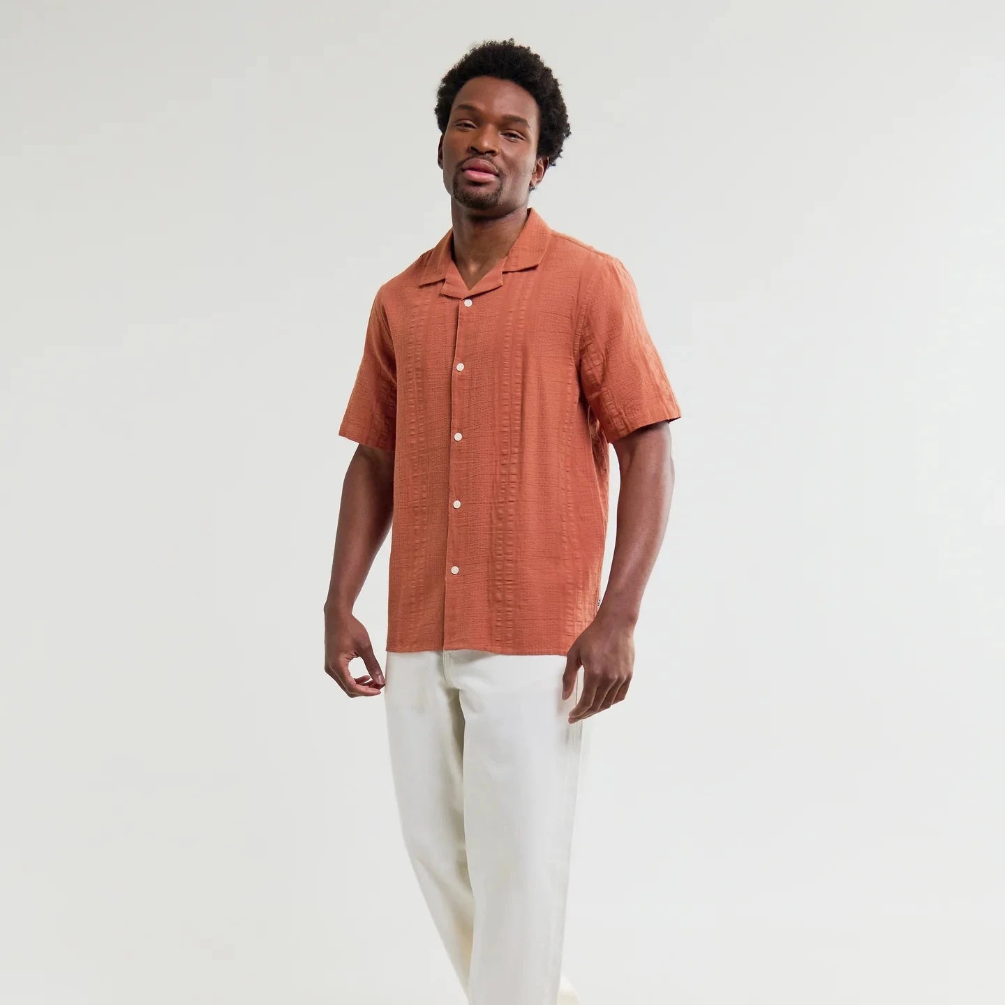 Wax London Keats SS Shirt Cotton Seersucker in Rust