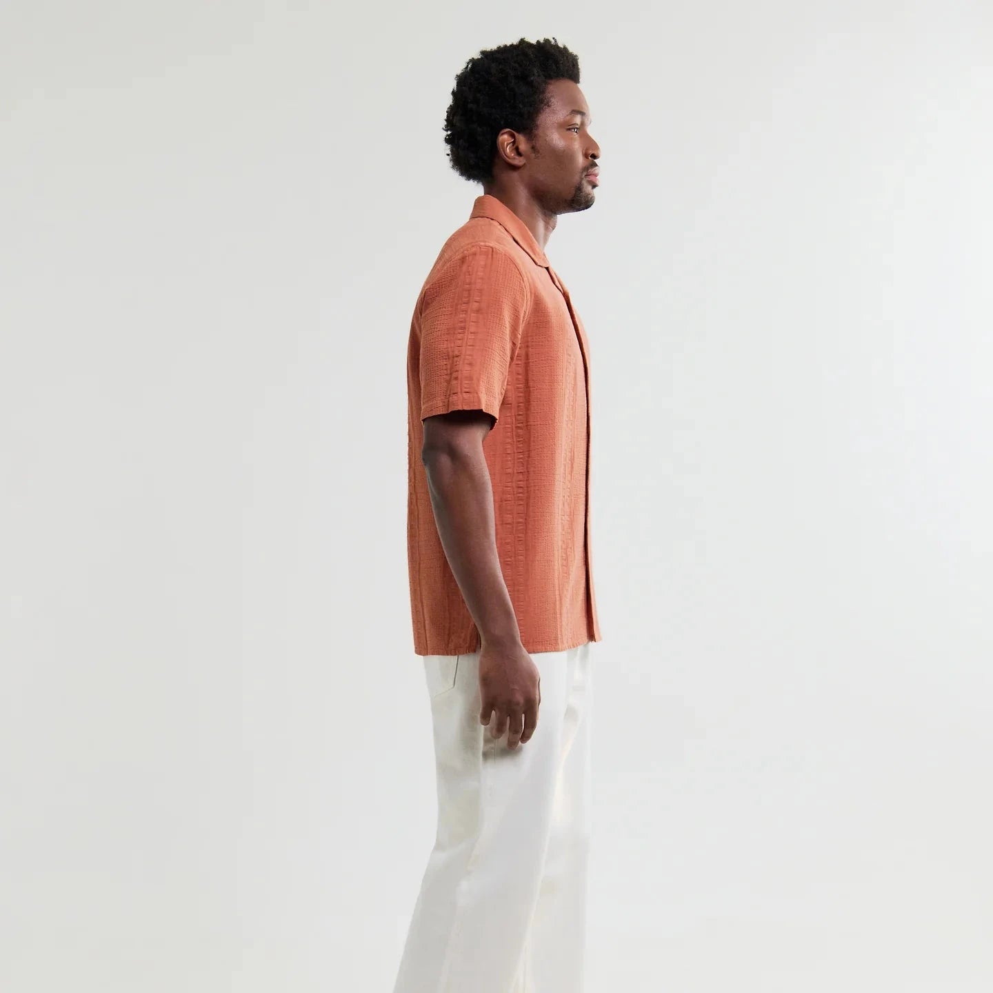 Wax London Keats SS Shirt Cotton Seersucker in Rust