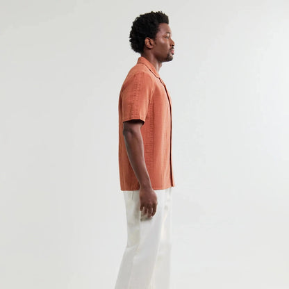 Wax London Keats SS Shirt Cotton Seersucker in Rust