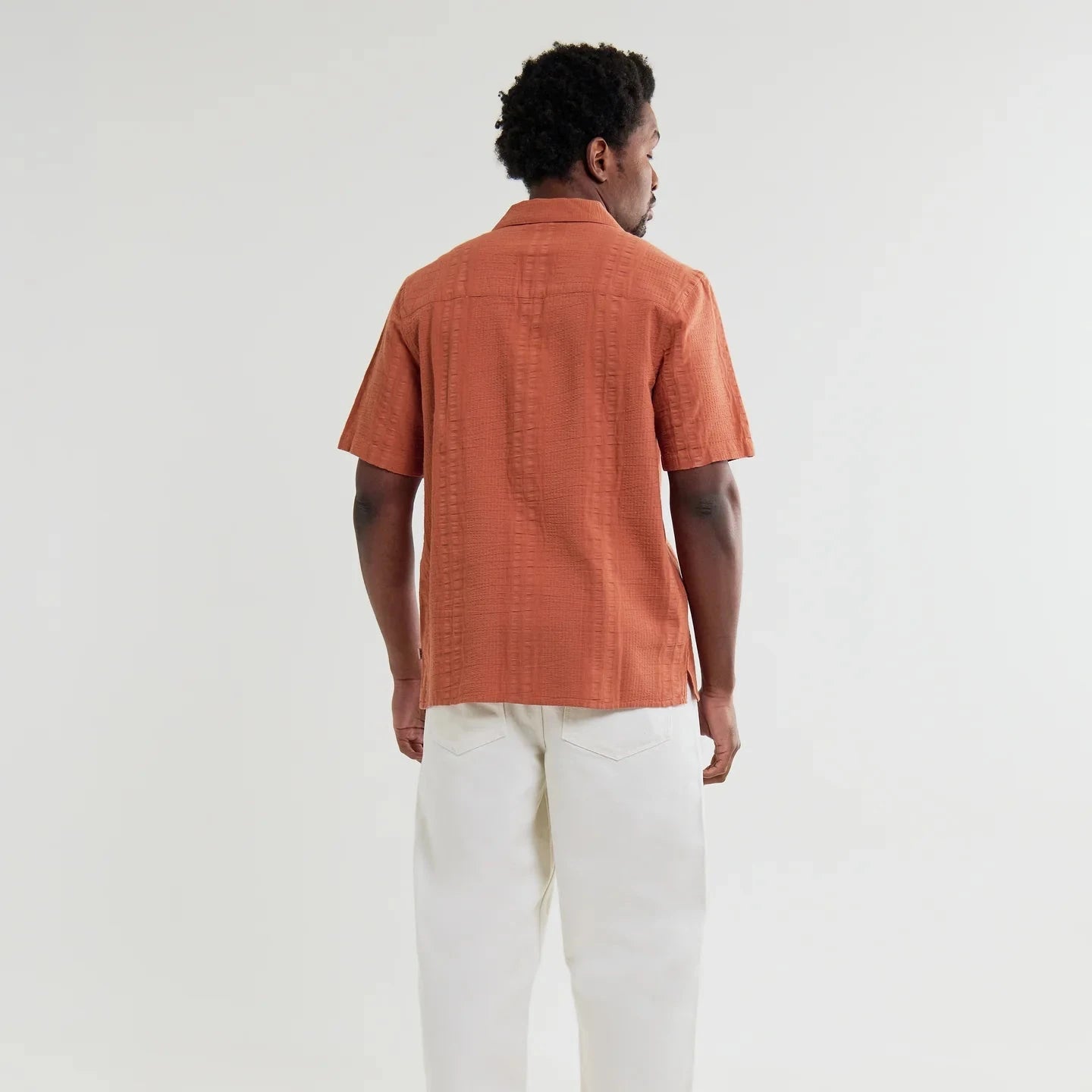Wax London Keats SS Shirt Cotton Seersucker in Rust