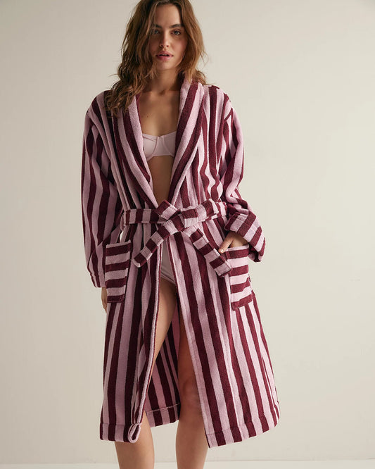 Damson Madder Towelling Robe - Burgundy Stripe