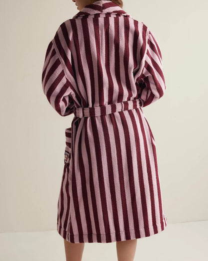 Damson Madder Towelling Robe - Burgundy Stripe