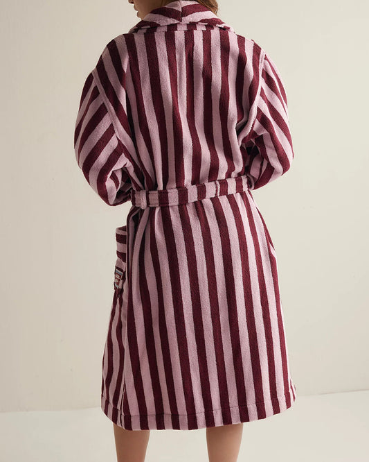 Damson Madder Towelling Robe - Burgundy Stripe