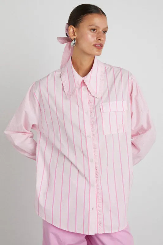 KENDALL RUFFLE SHIRT - PINK STRIPE MIX