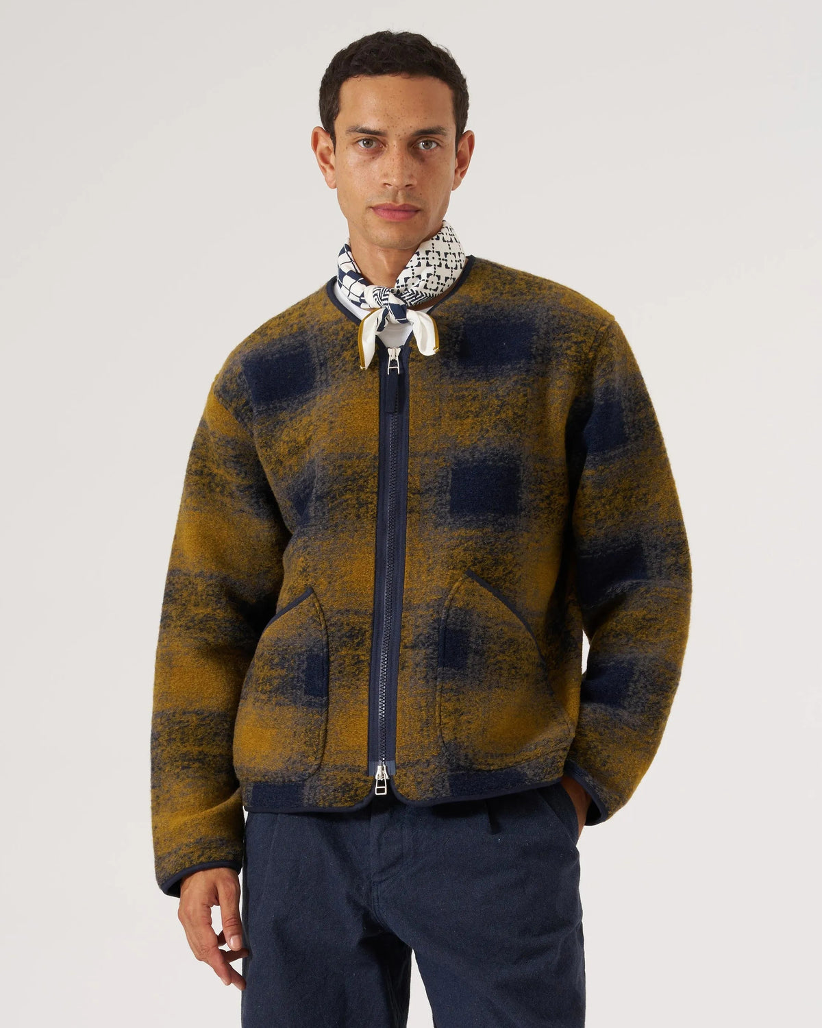 Universal Works Zip Liner Jacket Techno Melton Check Navy Check