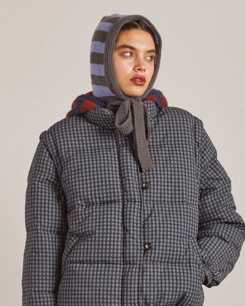 Damson Madder Tie Neck Bonnet In Grey & Blue Stripe