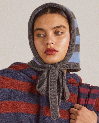 Damson Madder Tie Neck Bonnet In Grey & Blue Stripe