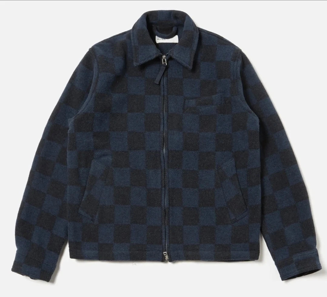 Universal Works Windcheater Jacket in Navy Checkerboard Lambswool