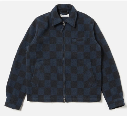 Universal Works Windcheater Jacket in Navy Checkerboard Lambswool