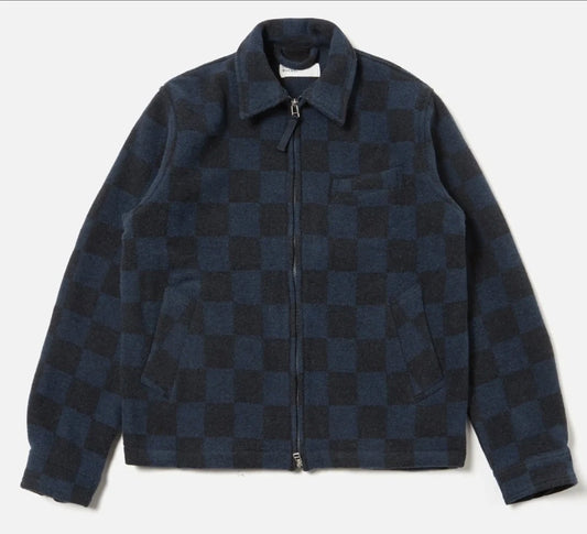 Universal Works Windcheater Jacket in Navy Checkerboard Lambswool