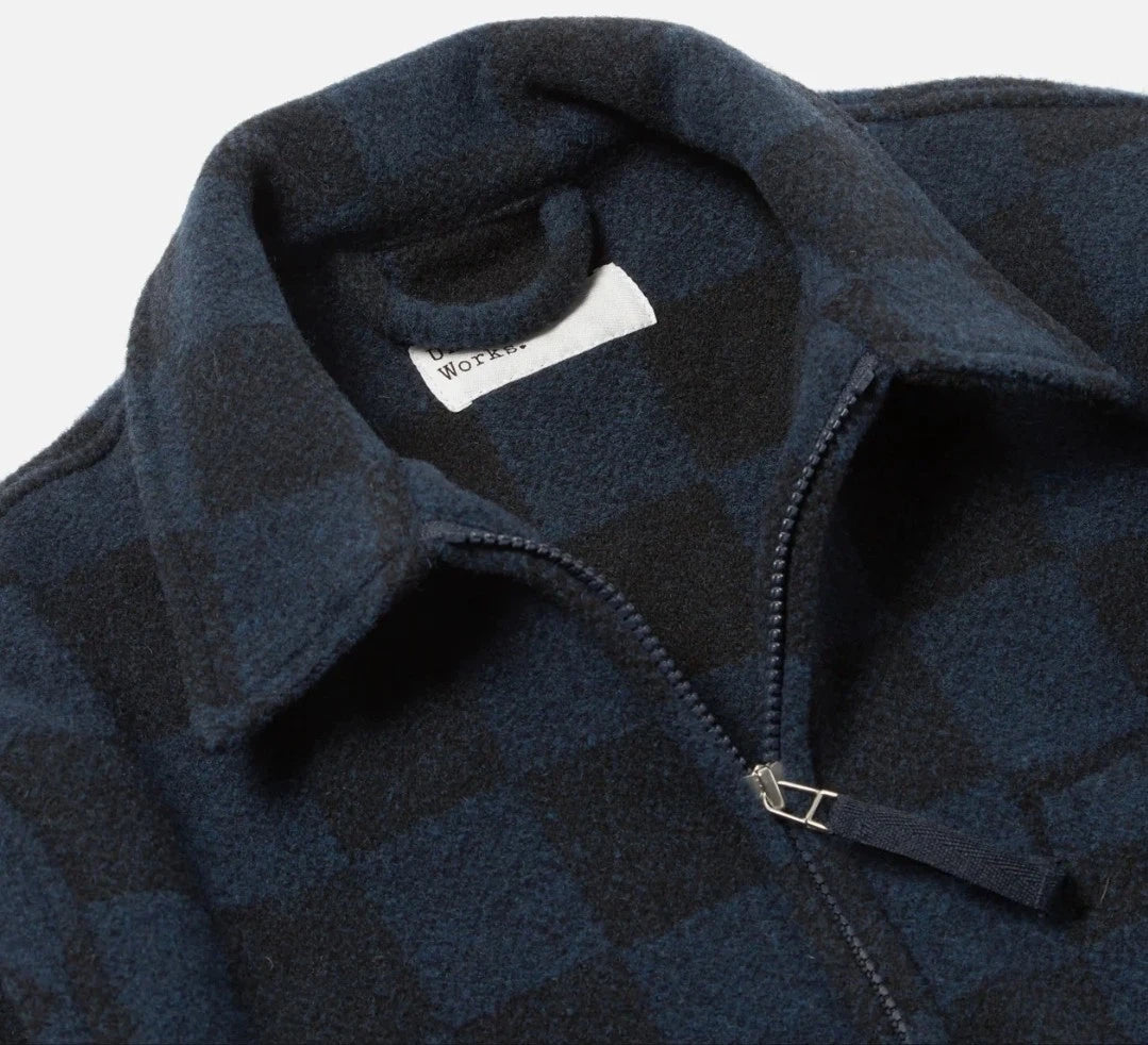 Universal Works Windcheater Jacket in Navy Checkerboard Lambswool