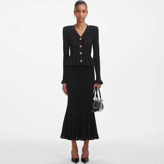 Self Portrait Black Knit Peplum Midi Dress