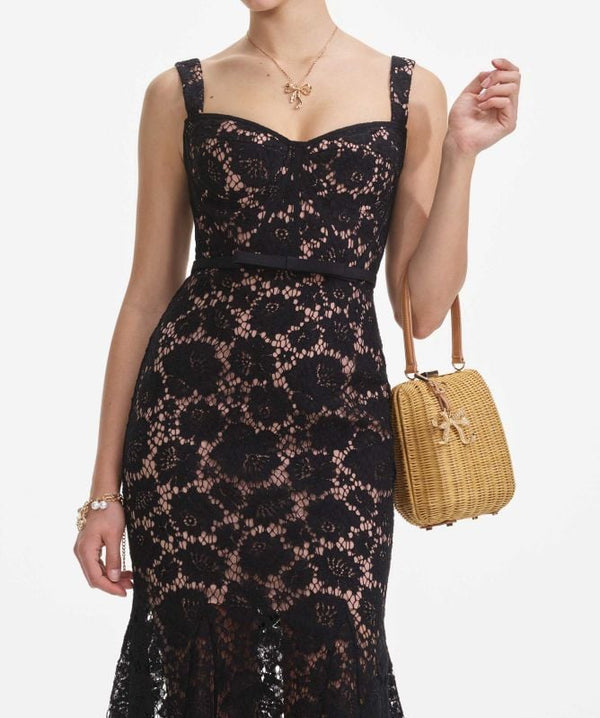 Black Fine Lace Midi Dress